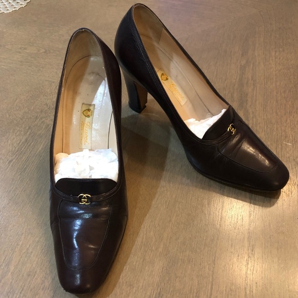 VINTAGE 1970s GUCCI Designer Luxury Italian Charm Mahogany Leather Heel Pumps - Picture 13 of 15